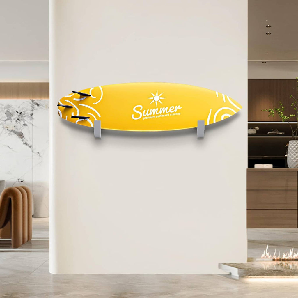 Gray wall-mounted surfboard rack holding a yellow board with two molded support brackets.