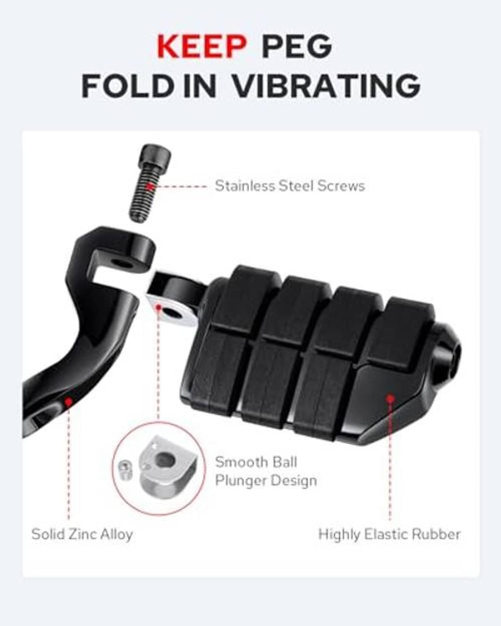 Black rubber highway footpeg with fold-in bracket and smooth ball plunger design