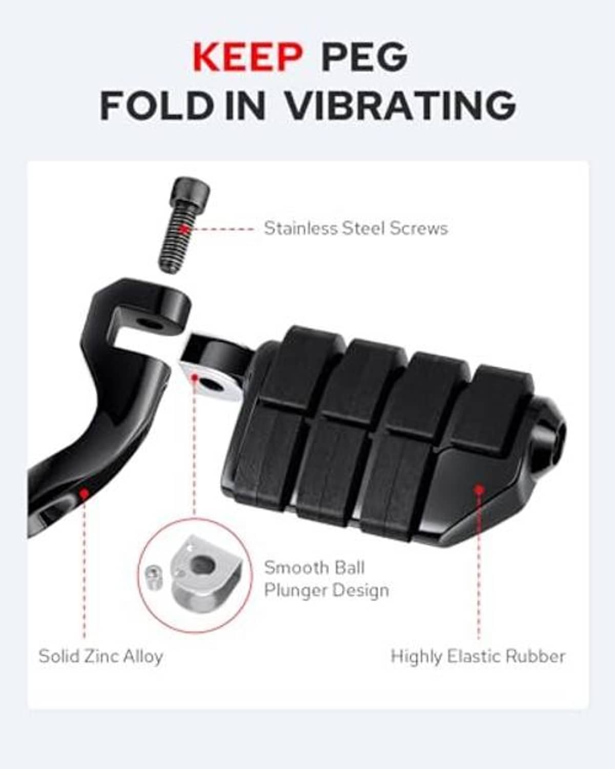 Black rubber highway footpeg with fold-in bracket and smooth ball plunger design