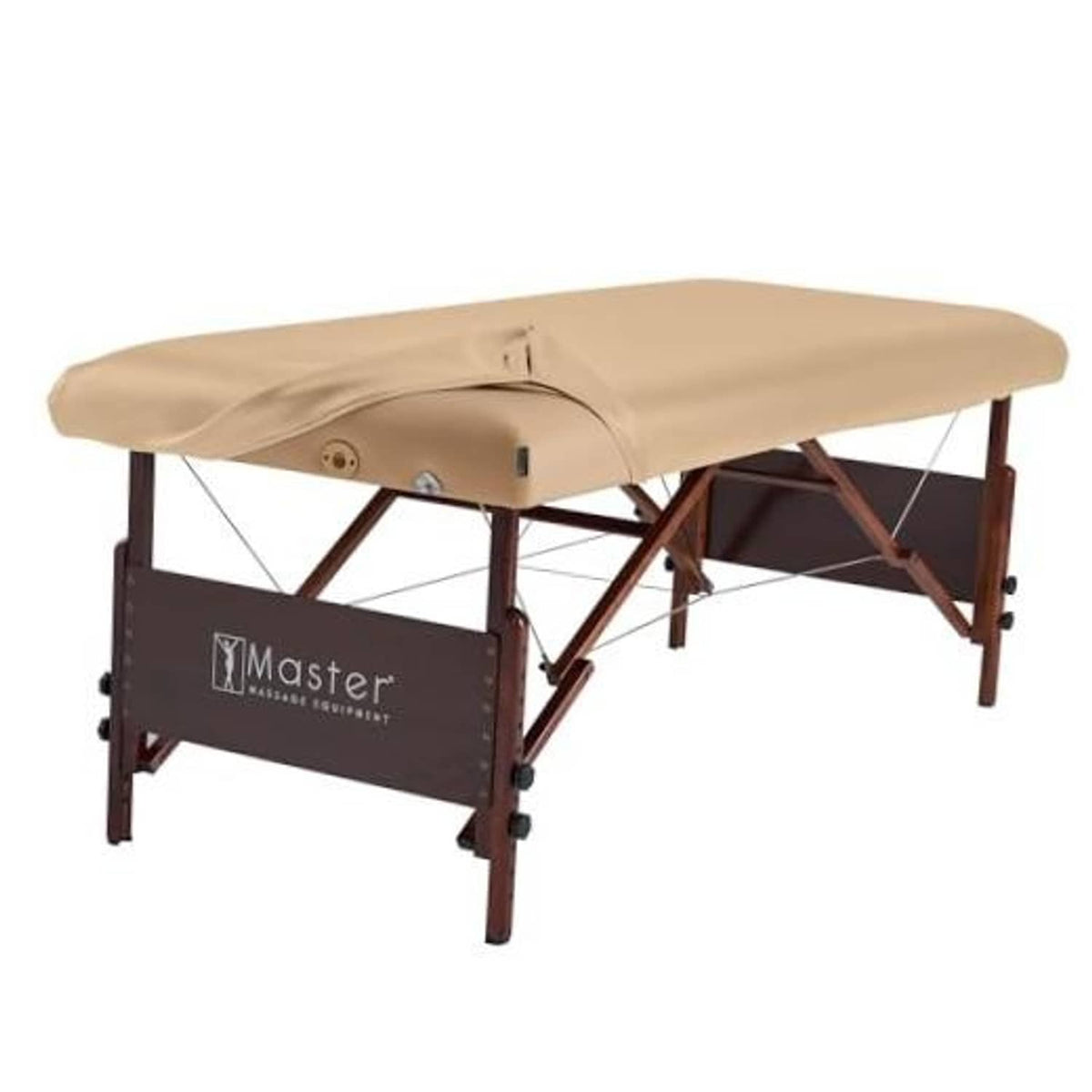 Rectangular fitted PU vinyl massage table cover on a wooden frame, beige top
