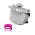Silver aluminum coolant overflow reservoir tank with cap and two hose fittings