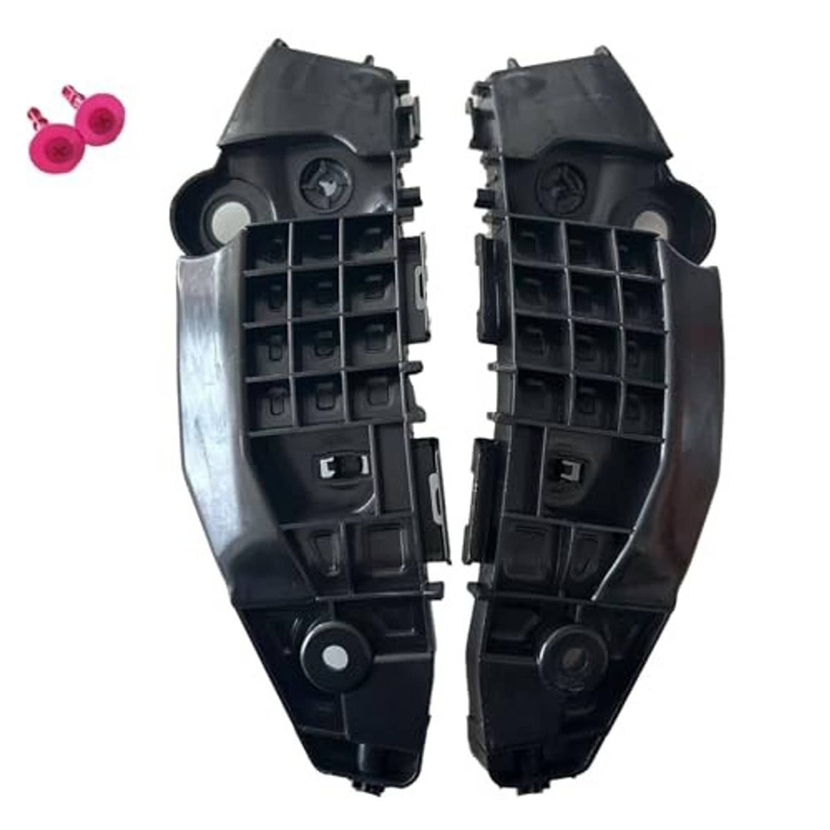 Black bumper bracket pair with grille-like openings and bolt holes, molded plastic