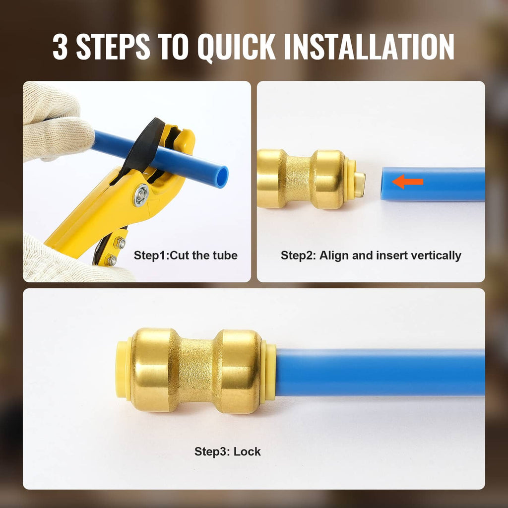 Brass straight-through push-fit pipe fitting showing quick installation locking design