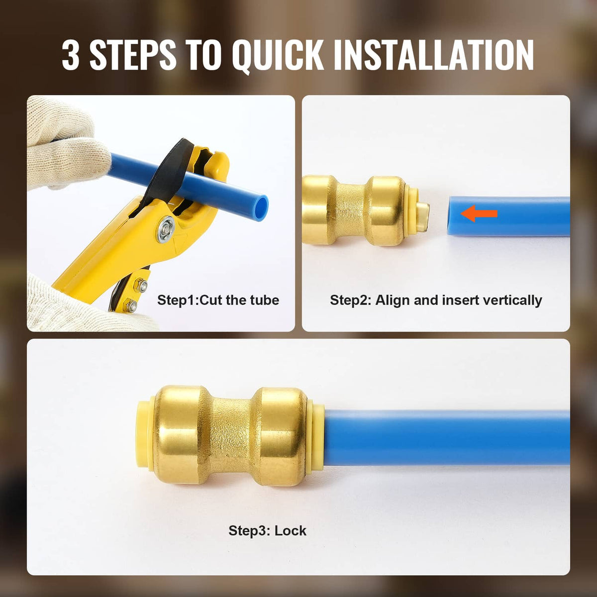 Brass straight-through push-fit pipe fitting showing quick installation locking design