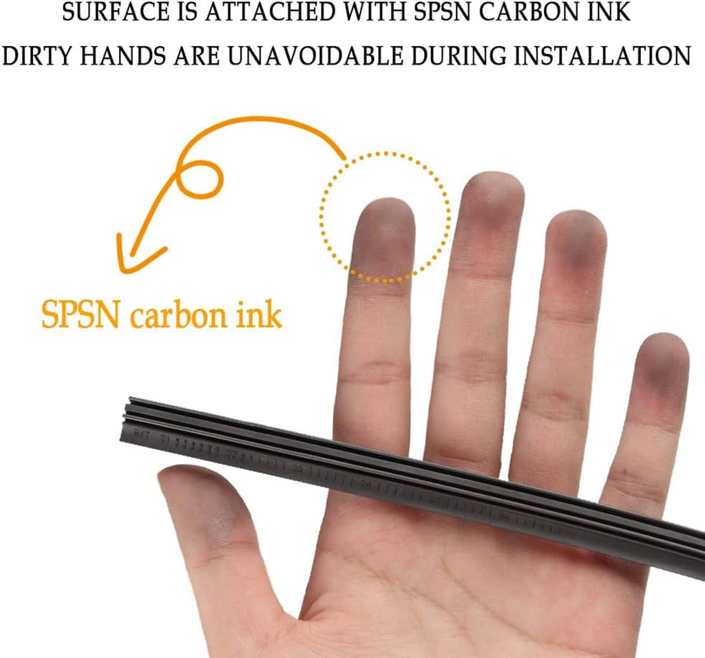 Black wiper rubber strip coating shown on a finger-held blade strip