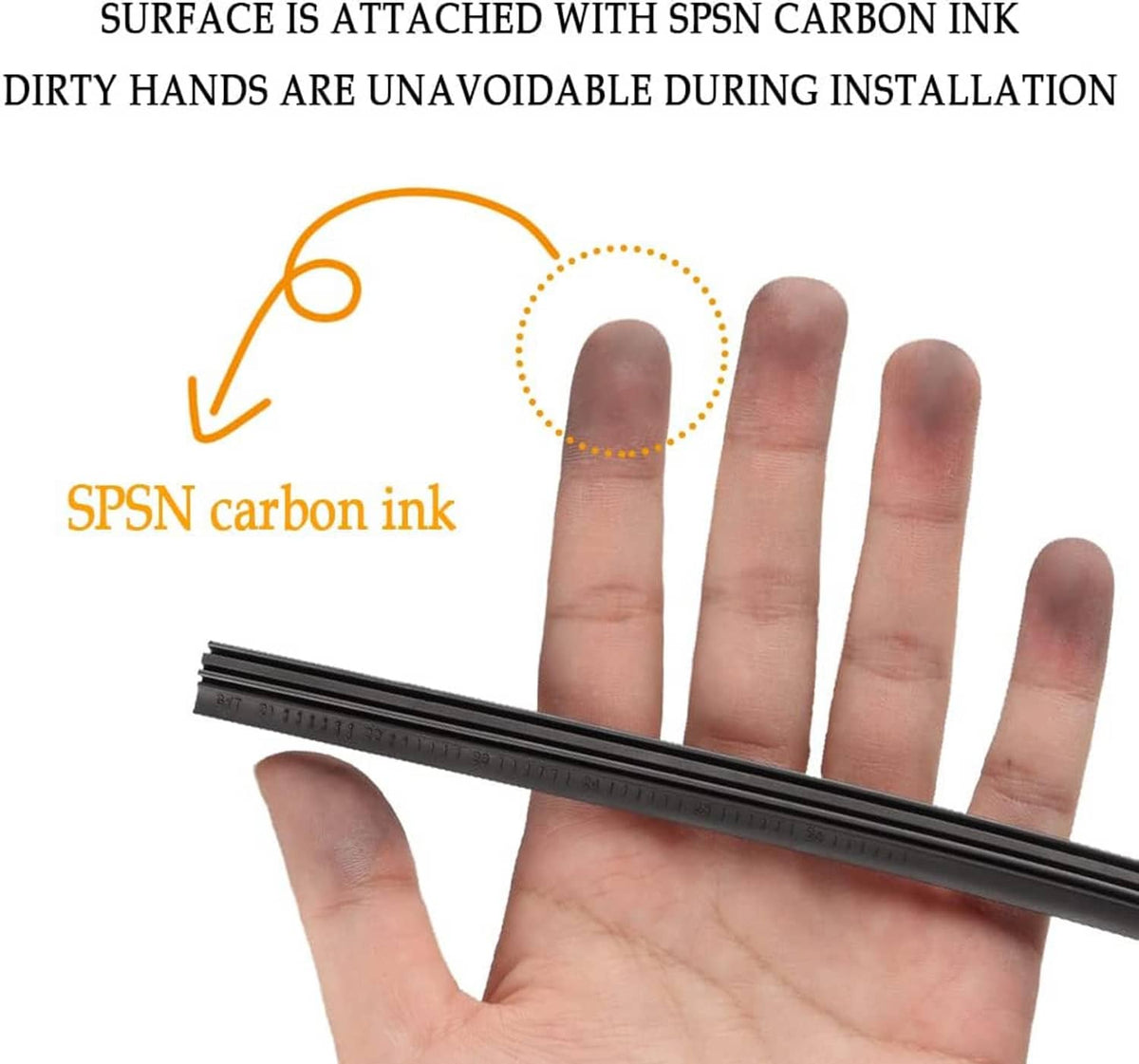Black wiper rubber strip coating shown on a finger-held blade strip