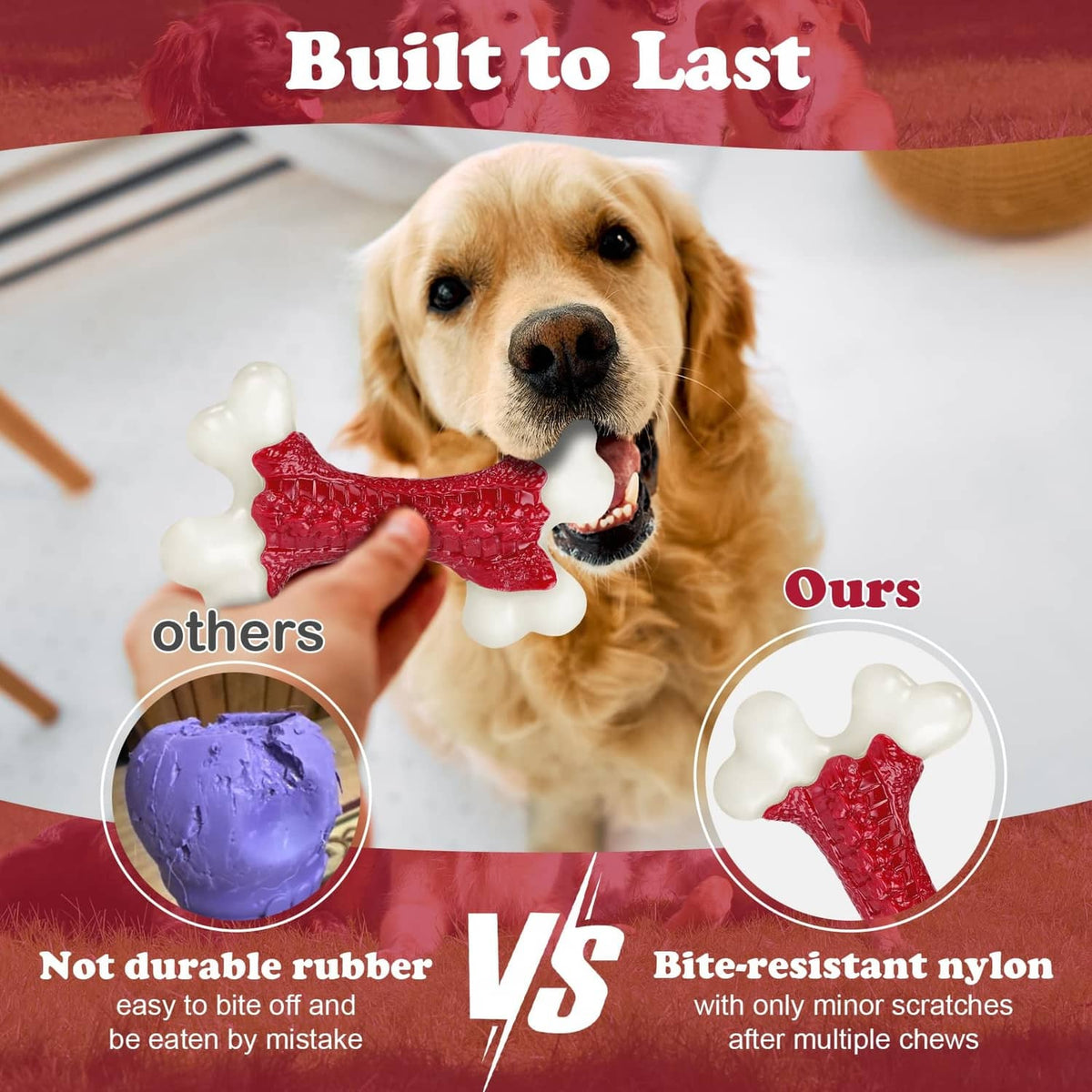 Close-up of red textured bone dog chew toy with white knobby grips