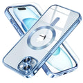 Light blue clear iPhone 15 Plus case with magnetic ring and camera cutouts