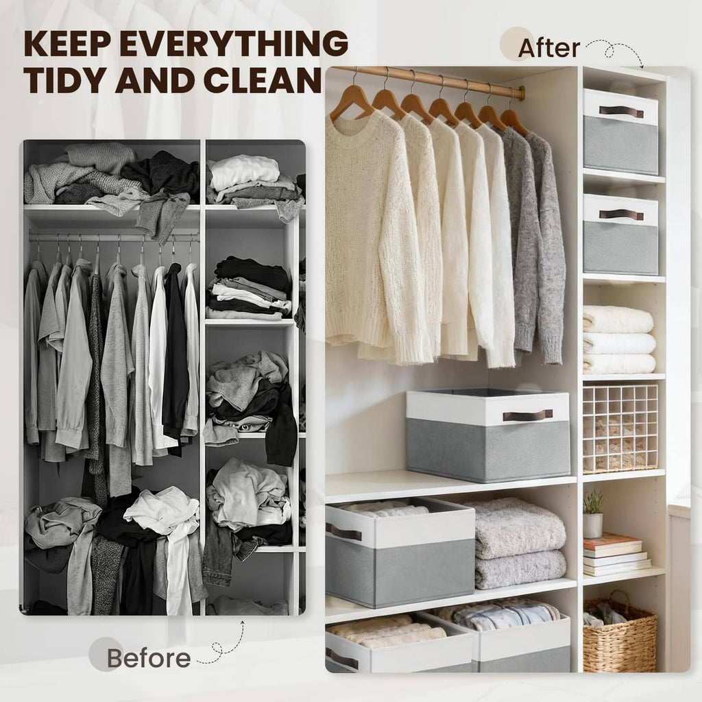 Tidied closet with gray and white rectangular storage bins and dark handles