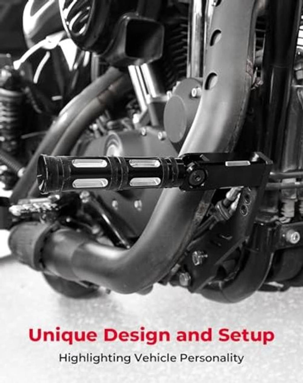 Installed highway foot peg with folding metal arm and mounting plate
