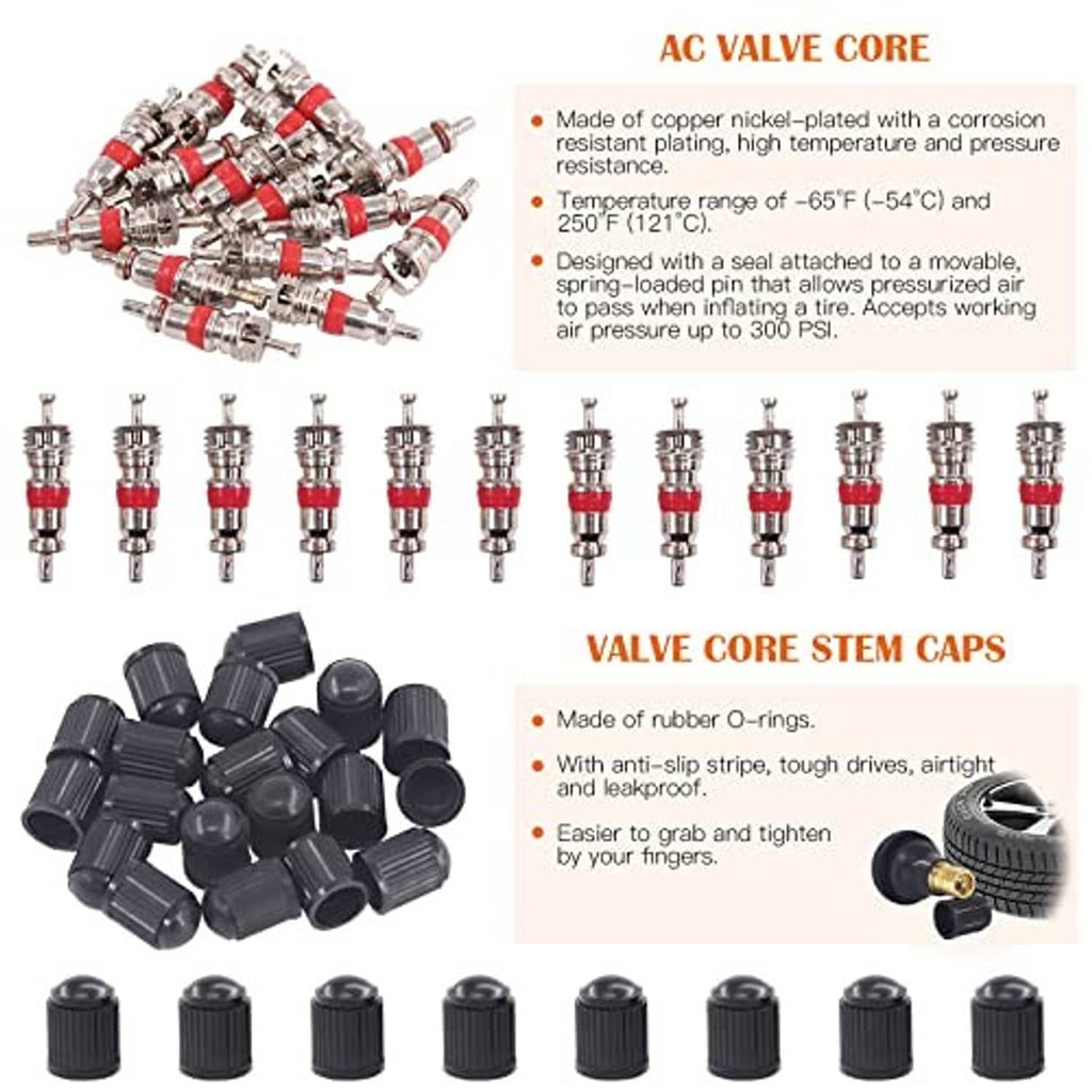 Valve core remover accessories: copper-nickel valve cores and black stem caps