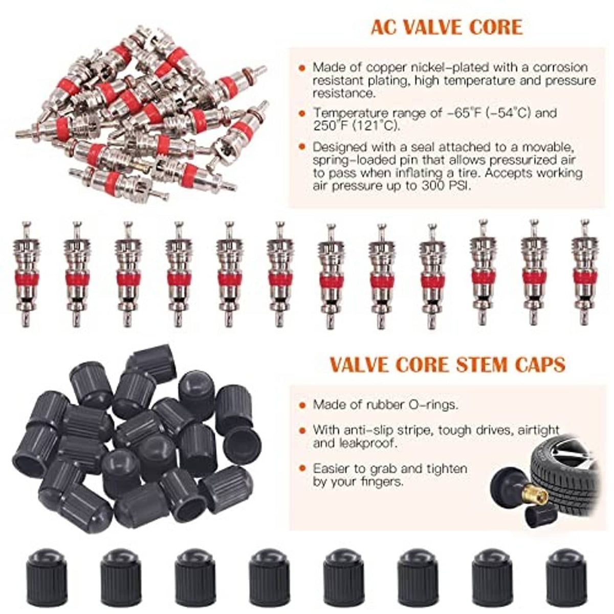 Valve core remover accessories: copper-nickel valve cores and black stem caps