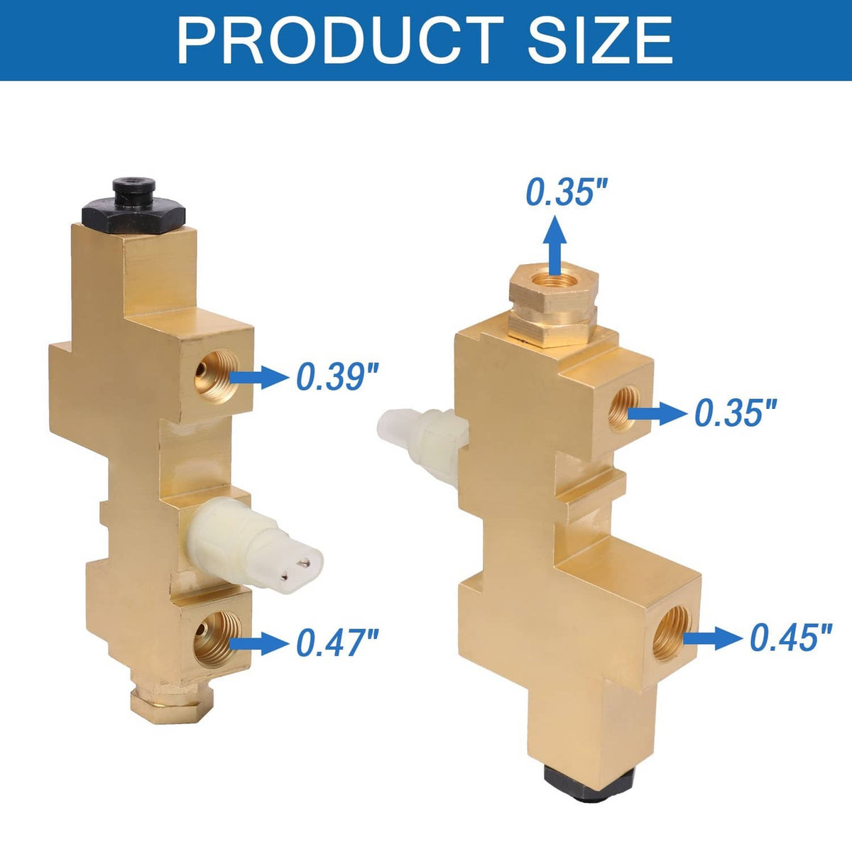 Brass proportioning valve diagram with labeled measurements and black outlet fitting