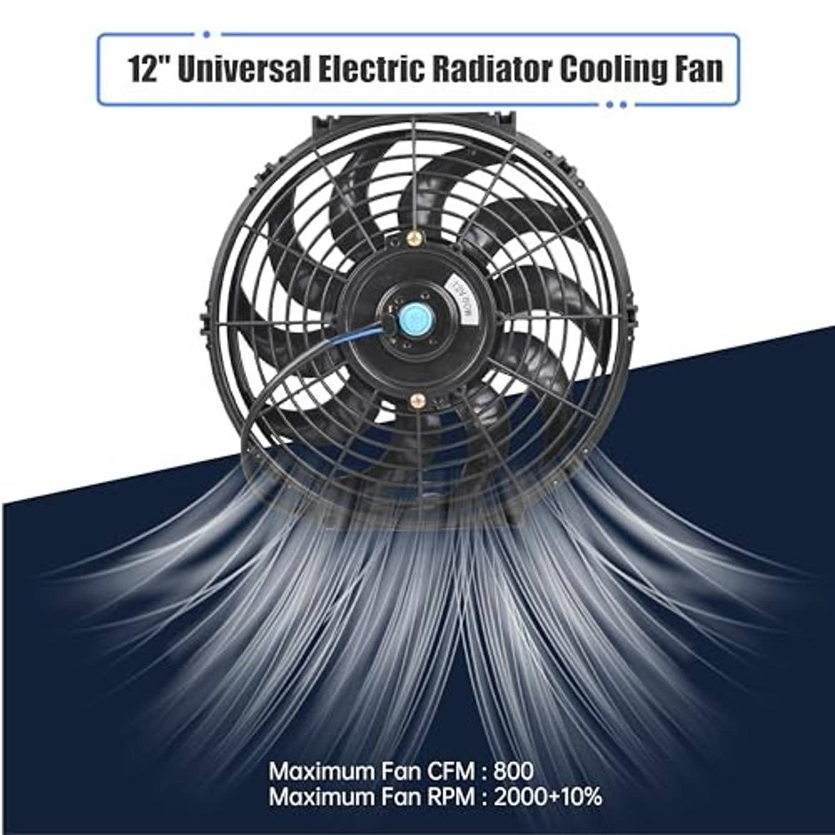 12-inch universal electric radiator cooling fan with black grille and blue center, angled view