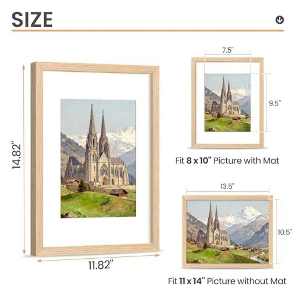 Natural wood 11x14 picture frame set size info, fits 8x10 with mat