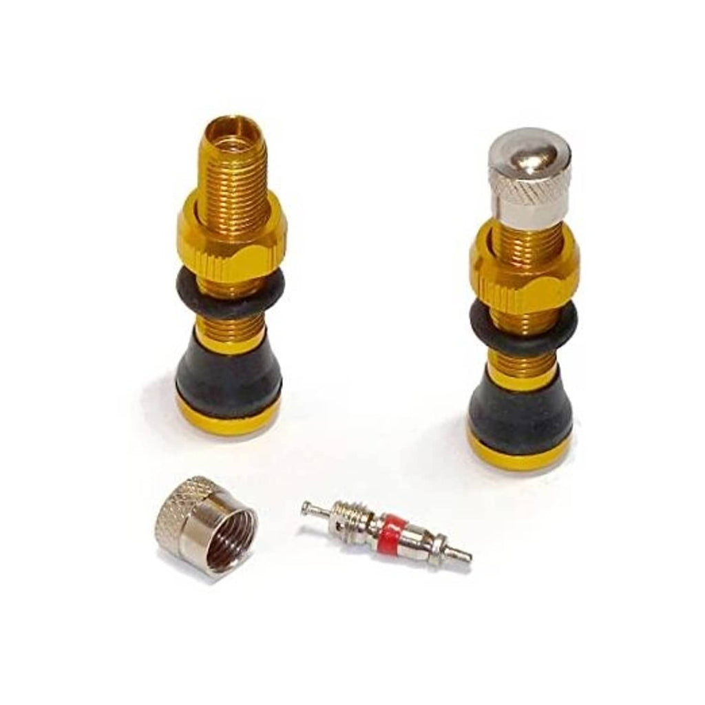 Gold alloy tubeless Schrader valve stems with black base, two caps, pair