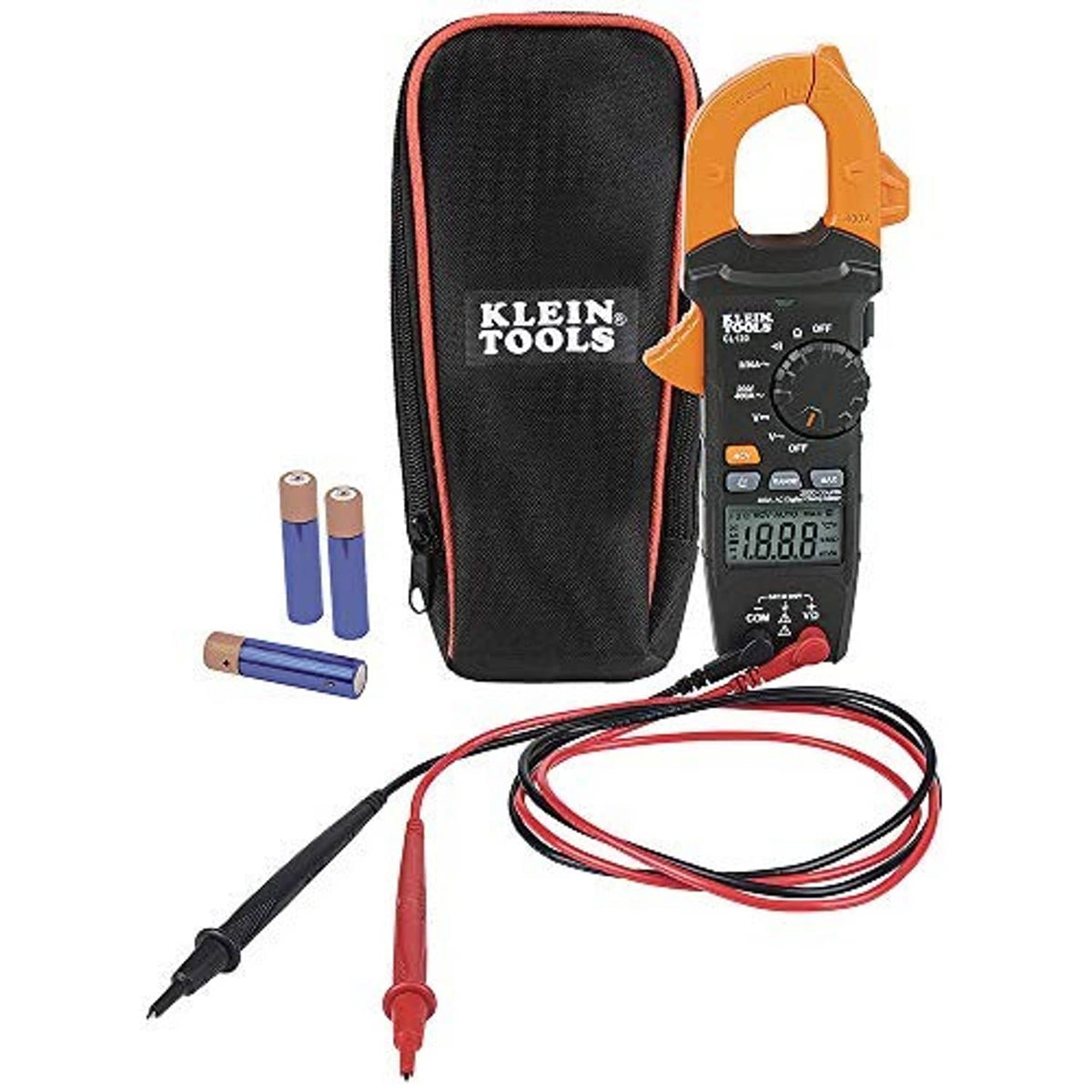 Digital clamp meter with orange clamp, black screen, test leads, and storage case.