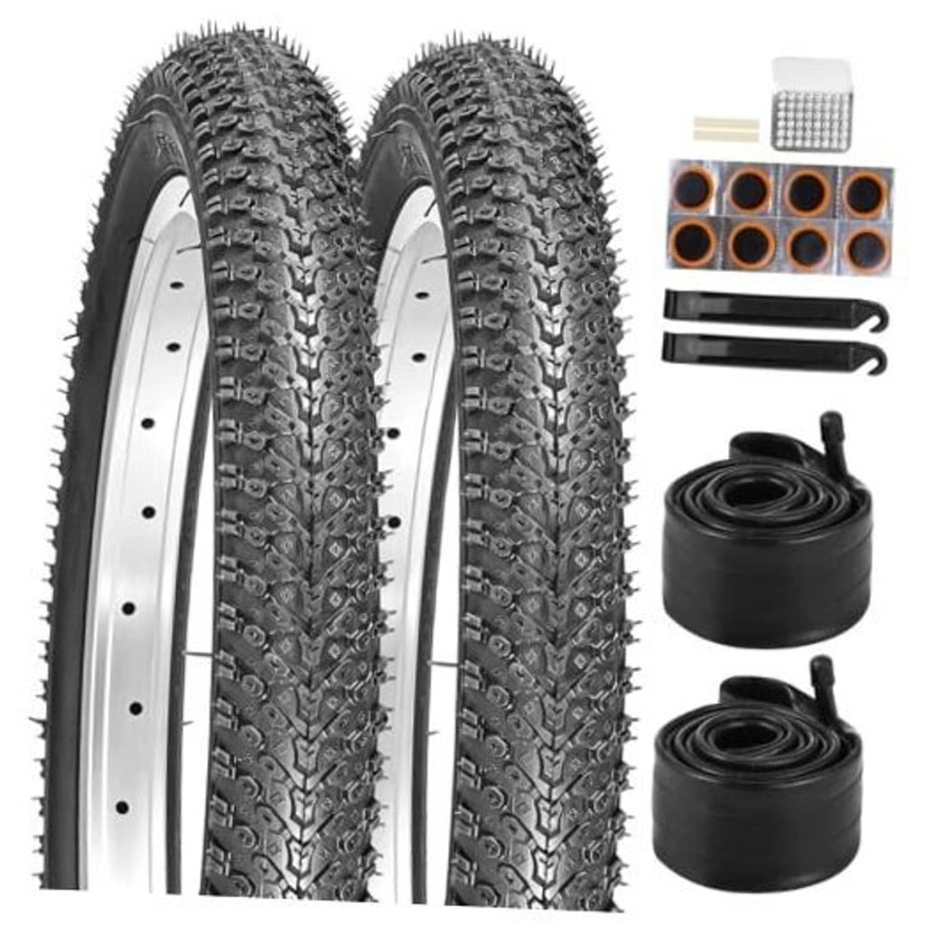 Two black knobby bike tires with inner tubes, 2-pack