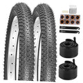 Two black knobby bike tires with inner tubes, 2-pack