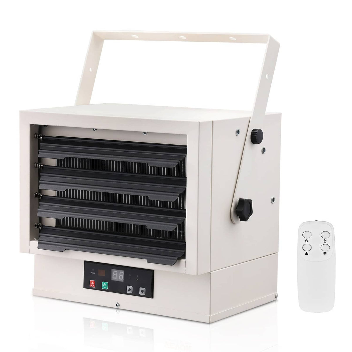 Electric garage heater with exposed heating element and digital control panel