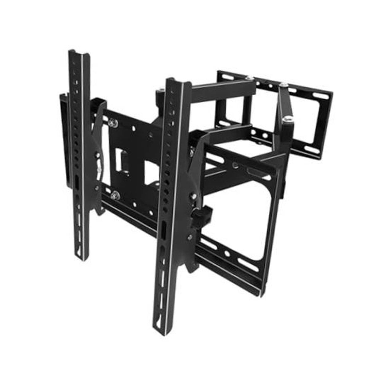 Full motion dual-arm TV wall mount, black steel articulated bracket with mounting plate
