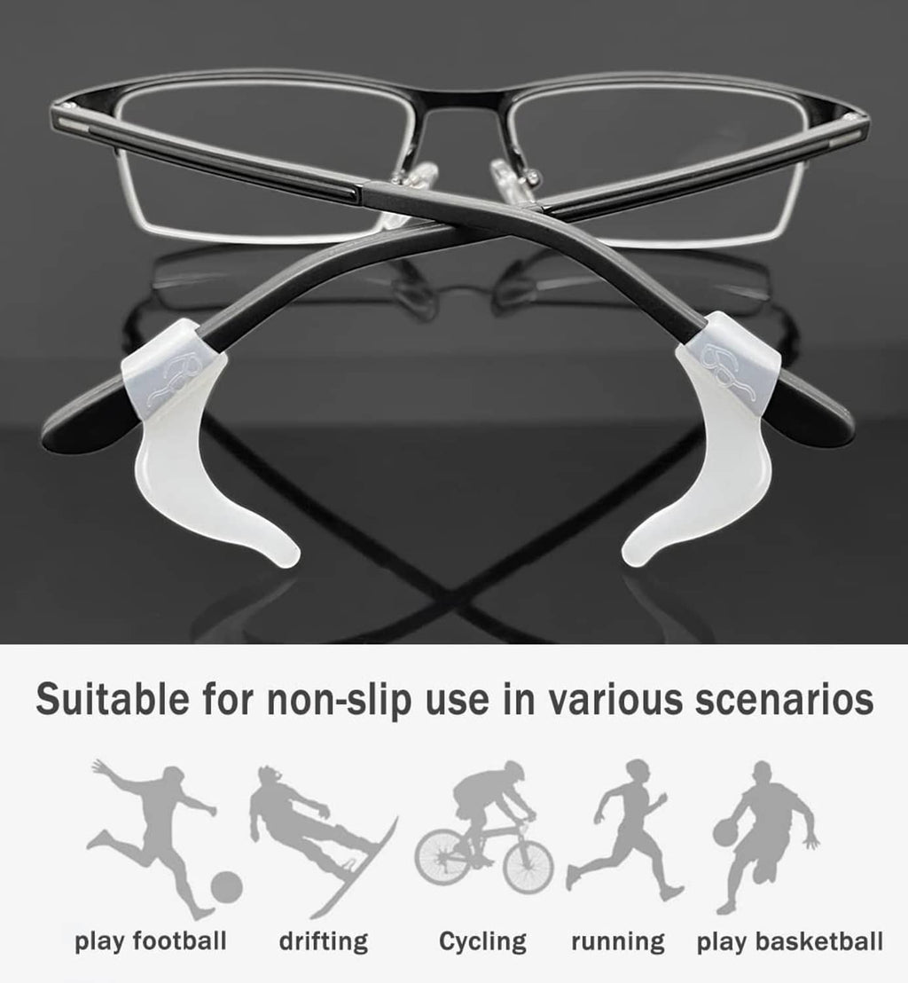 White silicone eyeglass ear hooks on glasses, curved non-slip grips for comfort