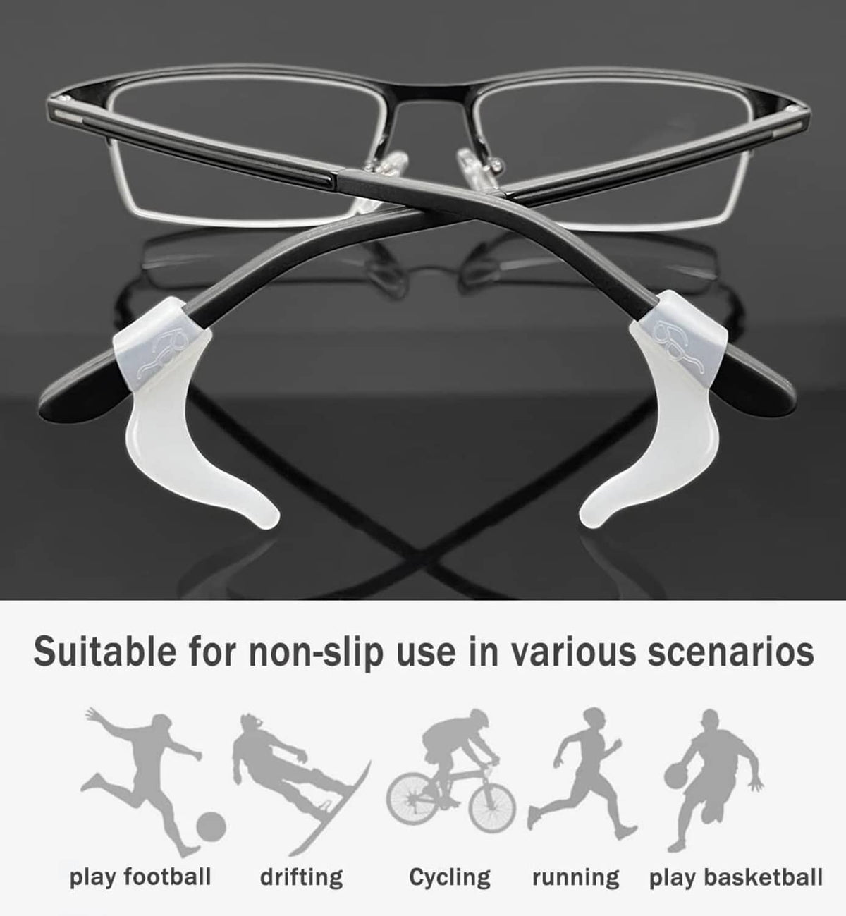 White silicone eyeglass ear hooks on glasses, curved non-slip grips for comfort