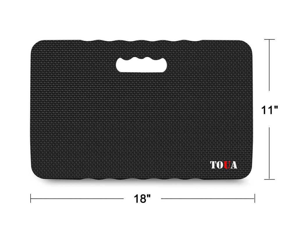 Large dark gray kneeling pad, 18 in wide and 11 in high, with carry handle cutout.