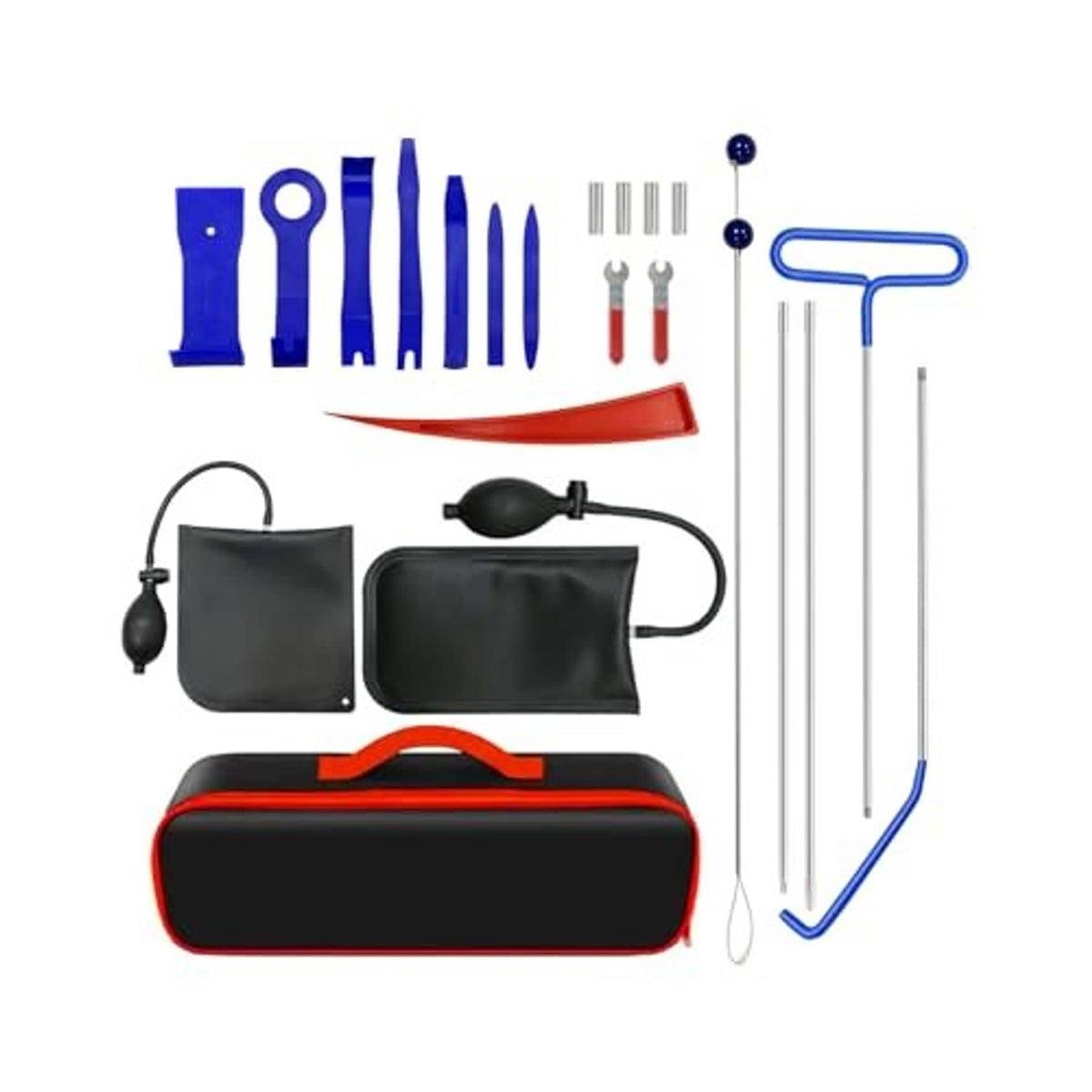 Automotive repair tool kit with red-edged case and assorted wrenches, bits, and metal rods