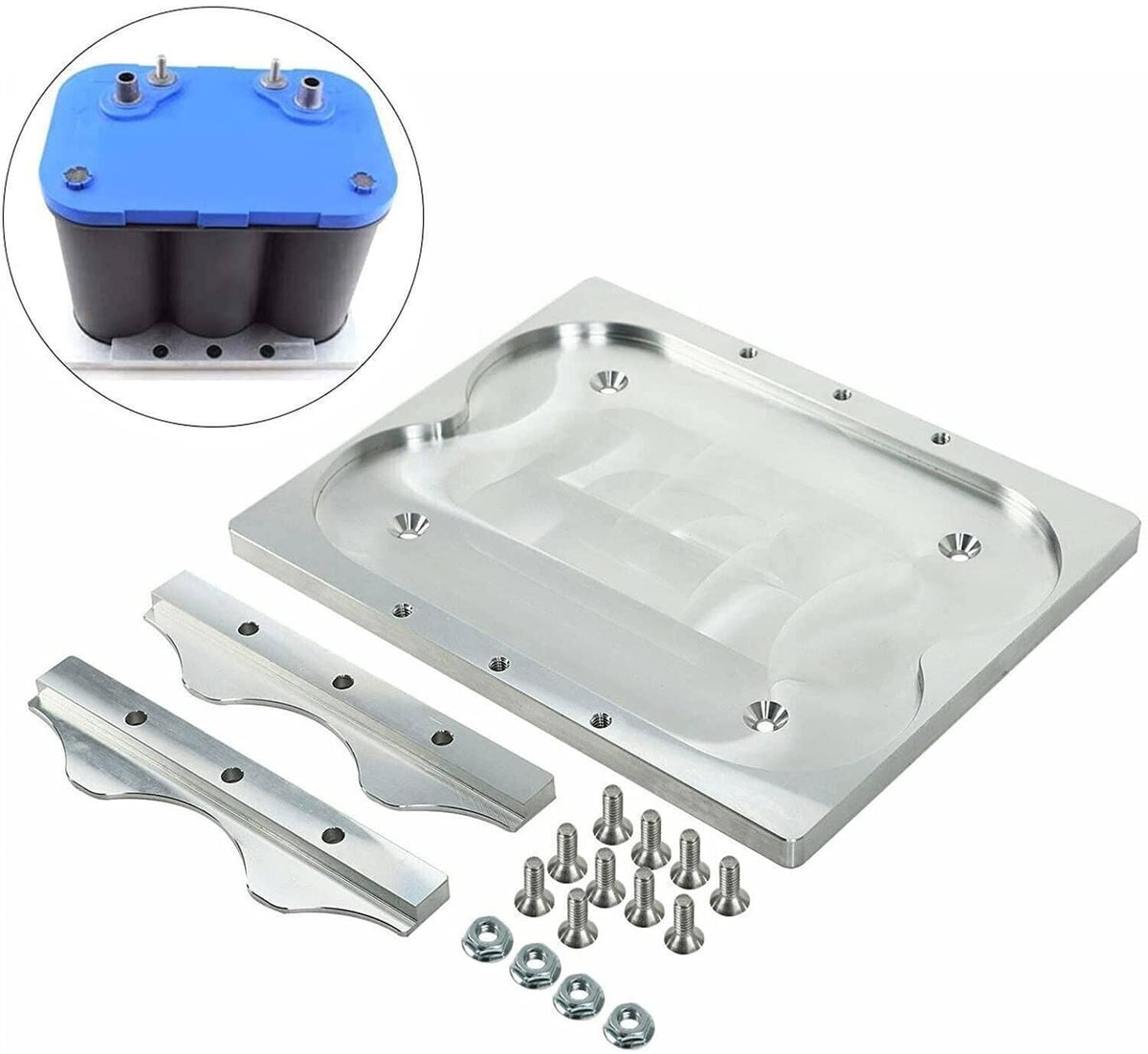 Battery mounting tray kit with rectangular aluminum hold-down plate and bolts
