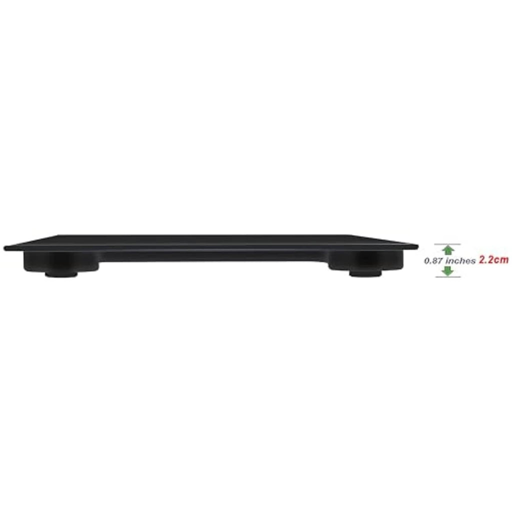 Black tempered-glass bathroom scale shown from the side, 0.87 in (2.2 cm) high