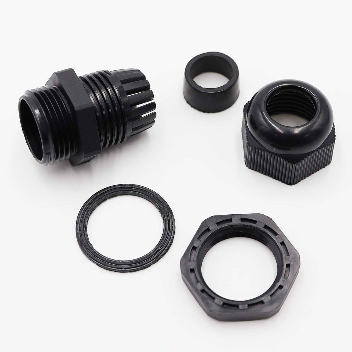 Black nylon cable gland parts set: connector, lock nut, sealing ring, washer, cap