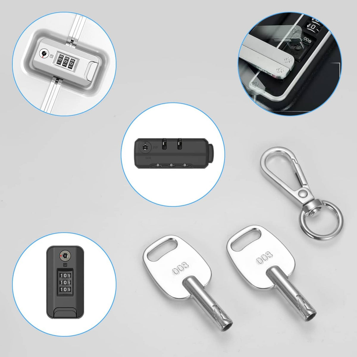 Set of two silver 008 luggage keys with keyring and small keychain pieces