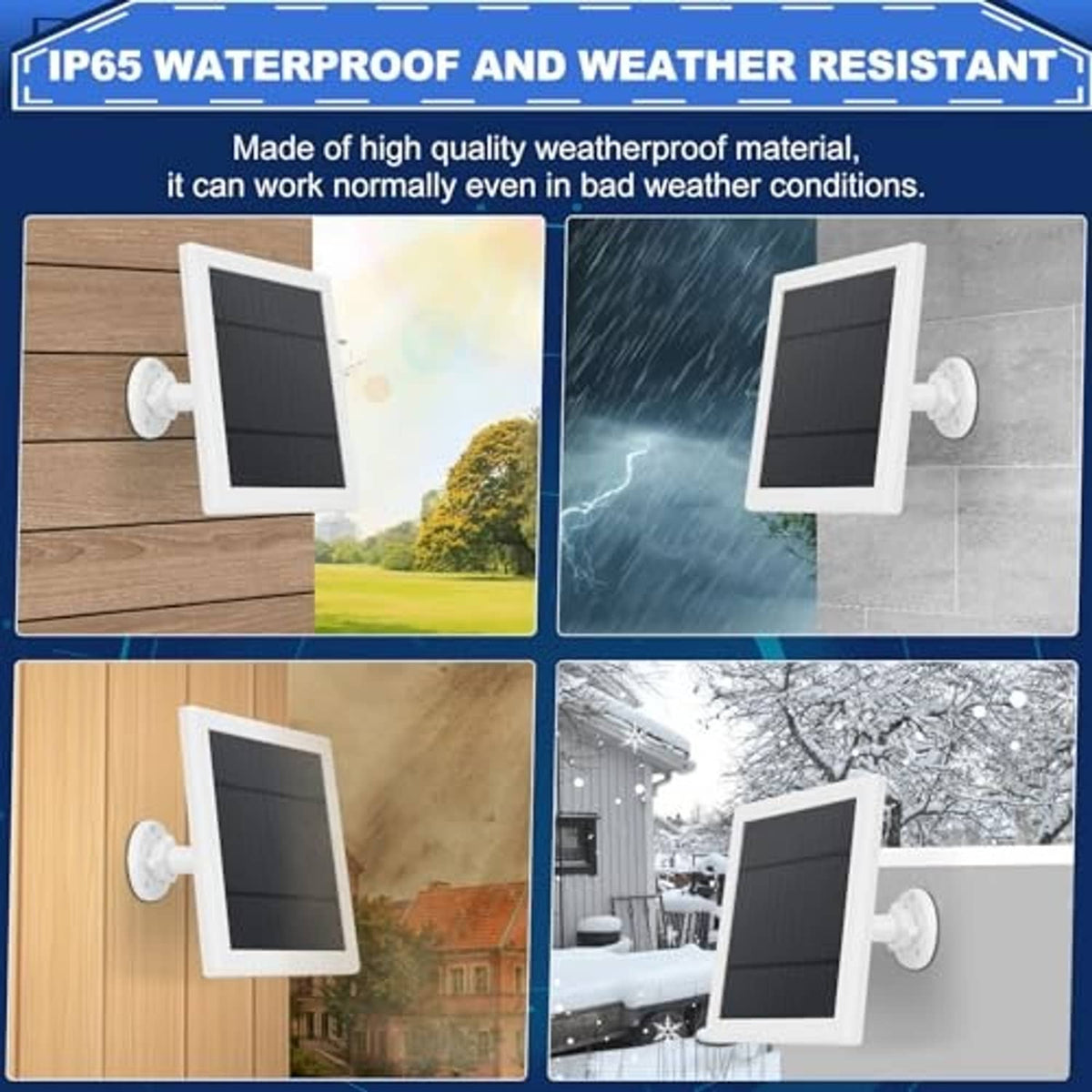 Weather-resistant outdoor solar panel charger with white mount for rain and snow