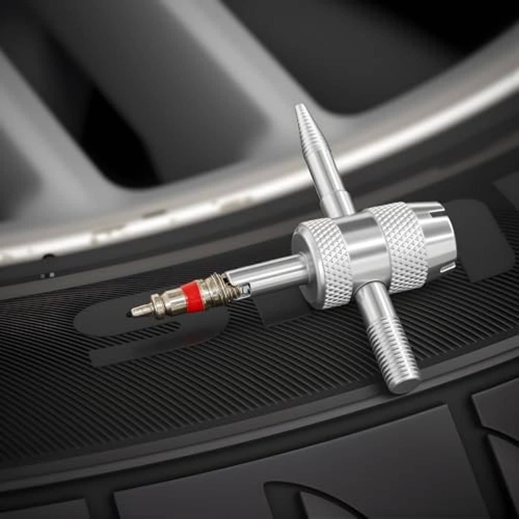 Silver tire valve core tool inserted on a car rim valve