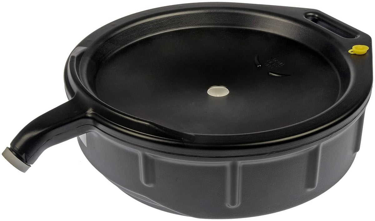 15-Quart black plastic drain pan with handle and center drain plug