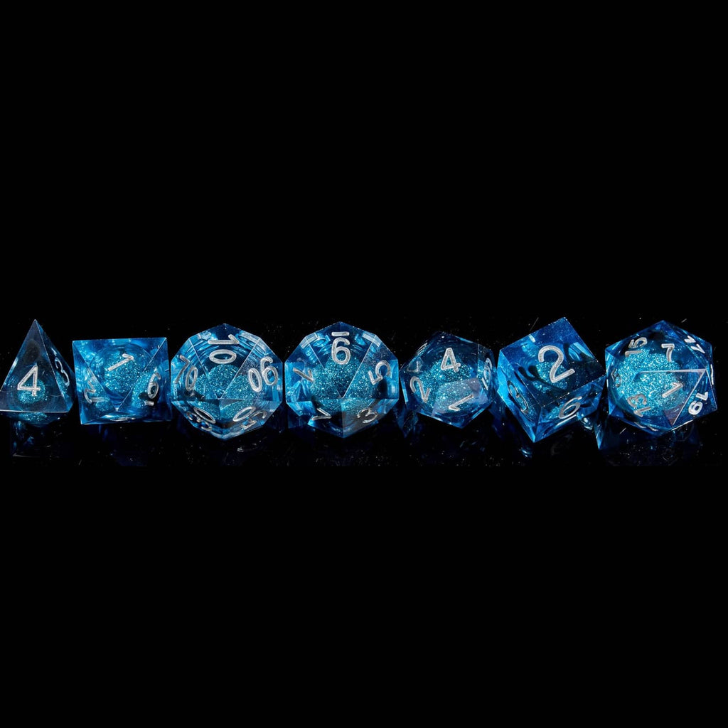 Row of blue liquid-core D&D dice with silver numbers on face sides