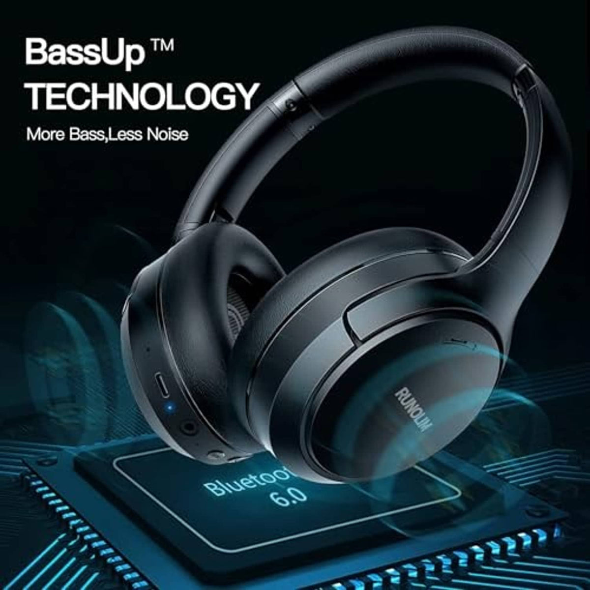 Black over-ear wireless headphones with glowing LED accents and RUNOLIM logo