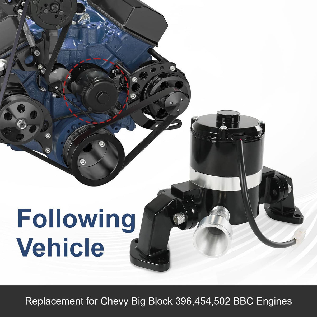 Electric water pump assembly with black housing and silver outlet fitting on engine
