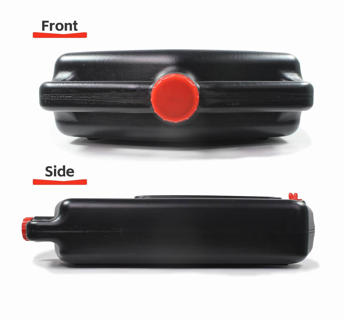 Black oil drain pan with a large red front cap and a side red spout.