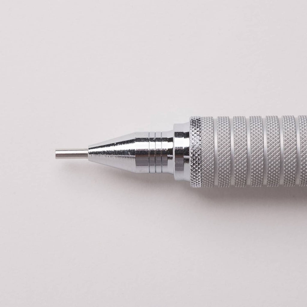 Silver mechanical pencil lead tip with metal nose and ridged grip