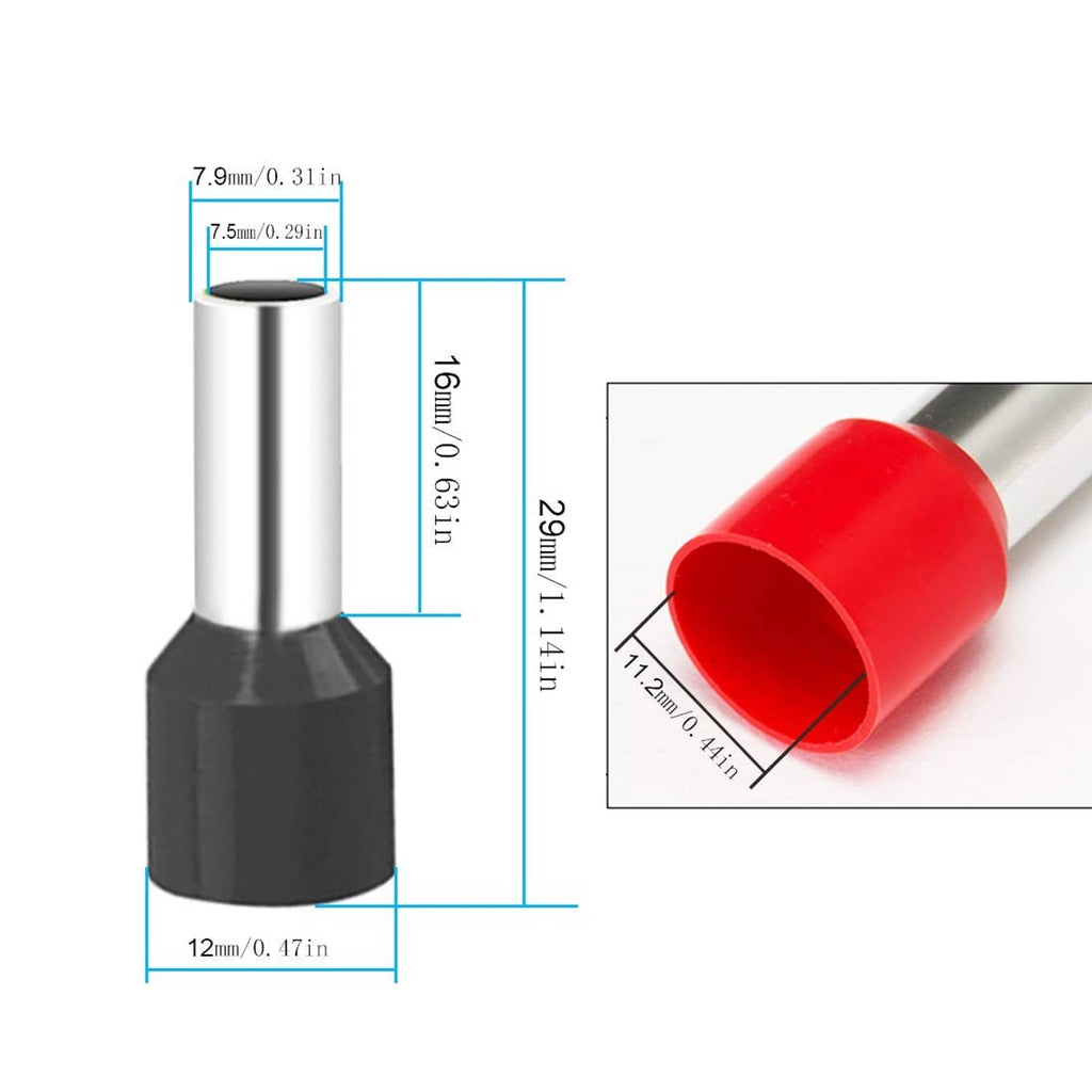 Red insulated ferrule end with silver metal sleeve, shown with size diagram