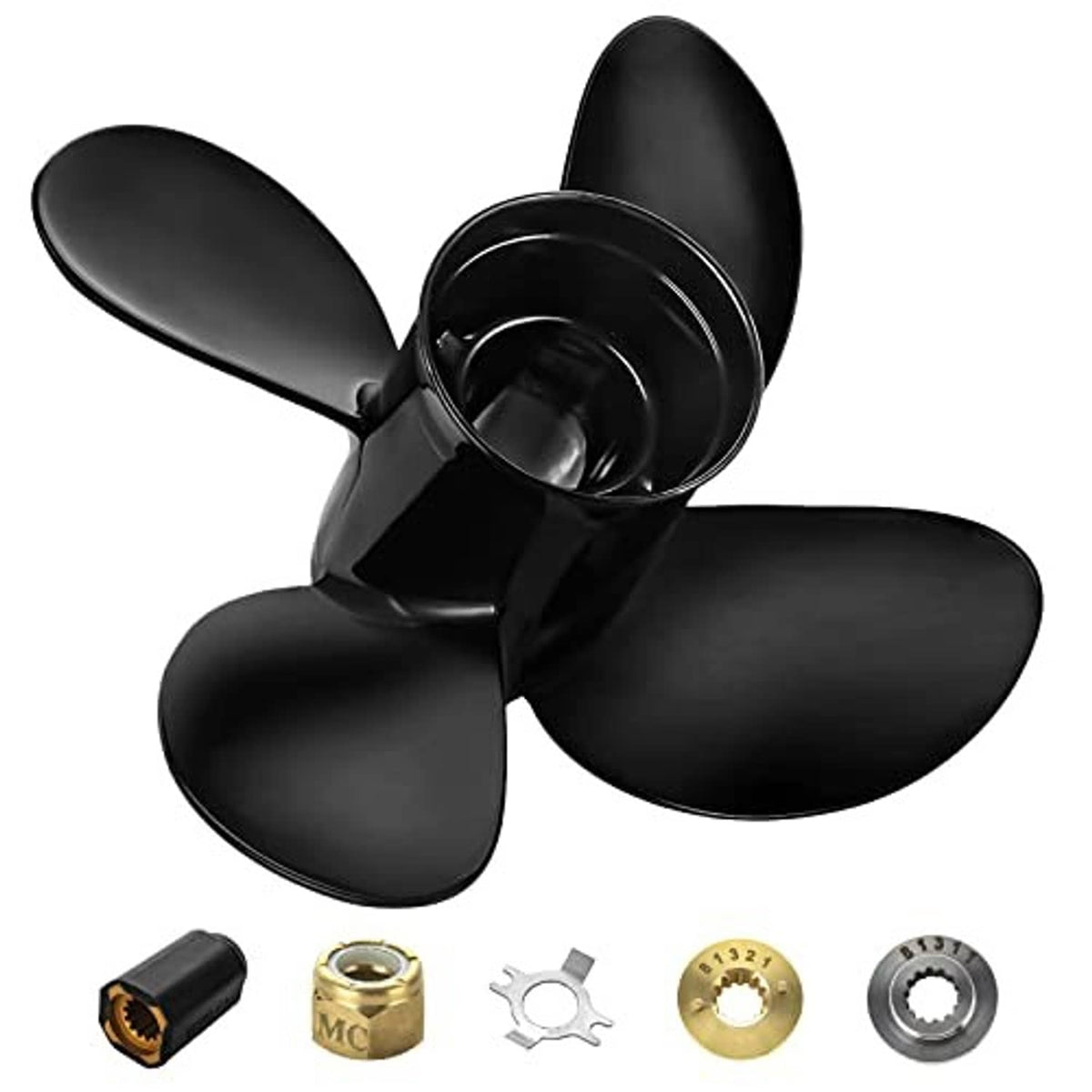 Black 3-blade boat propeller with hub installation kit and metal hardware parts