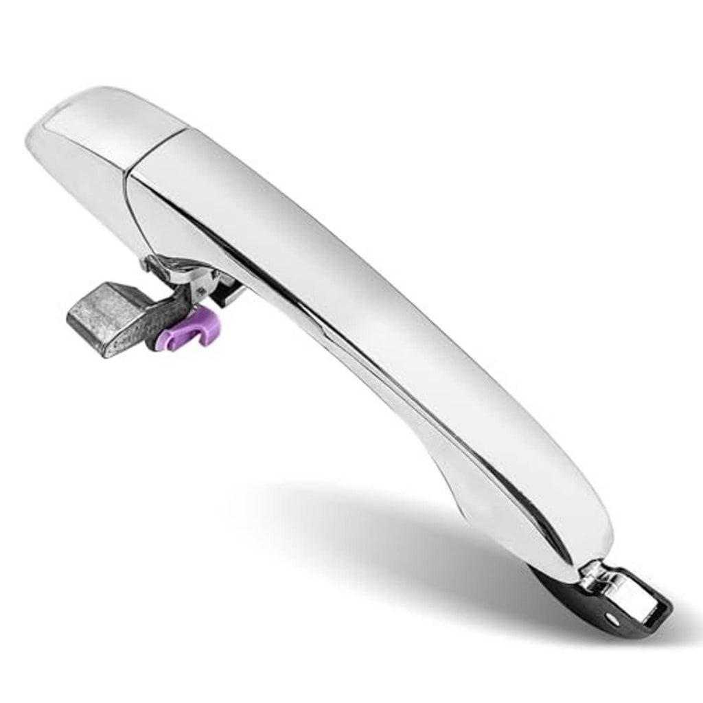 Chrome exterior door handle with black insert and visible latch hardware