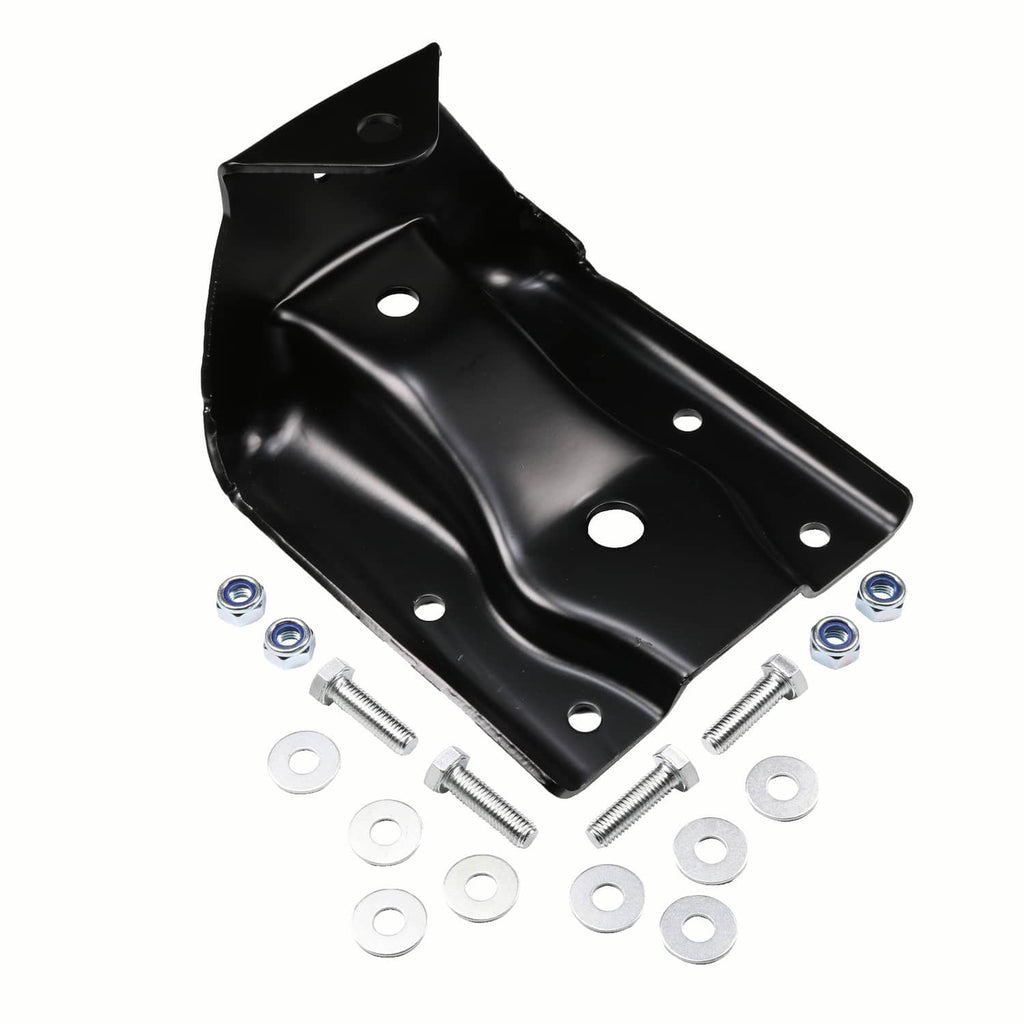 Black steel rear leaf spring hanger shackle bracket, with mounting holes and included hardware