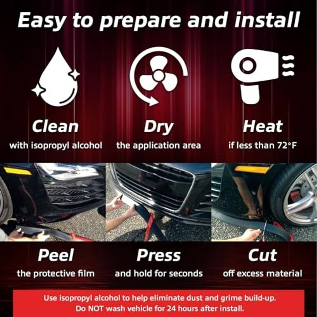 Lip spoiler installation graphic showing clean, dry, heat, peel, press, and cut steps