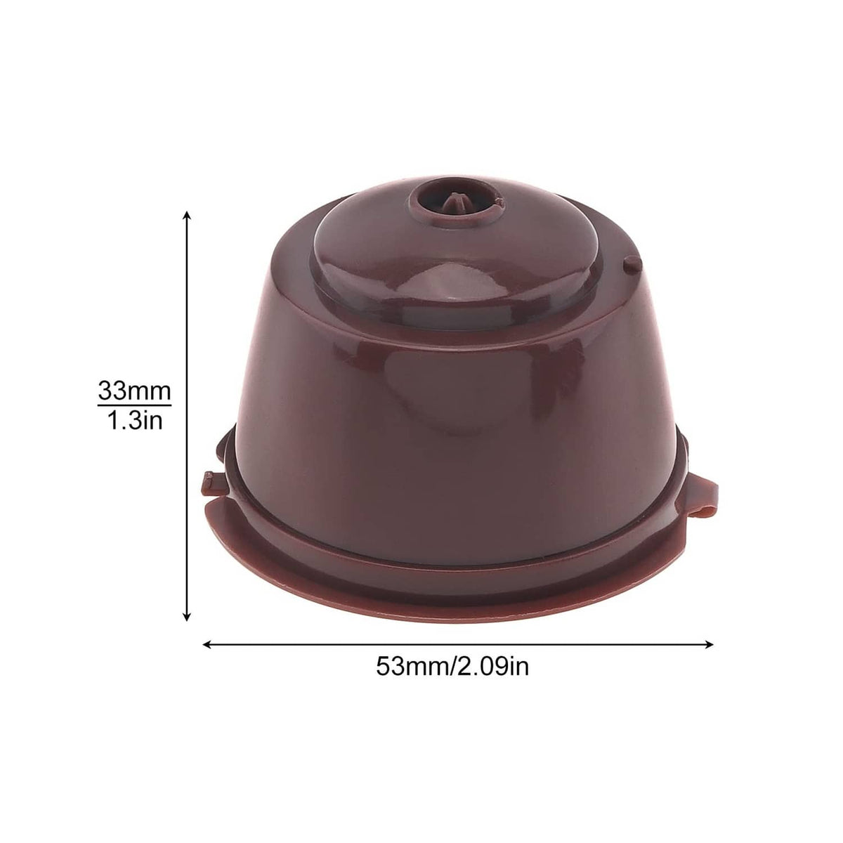 Dark brown reusable coffee capsule shown from side with top center outlet