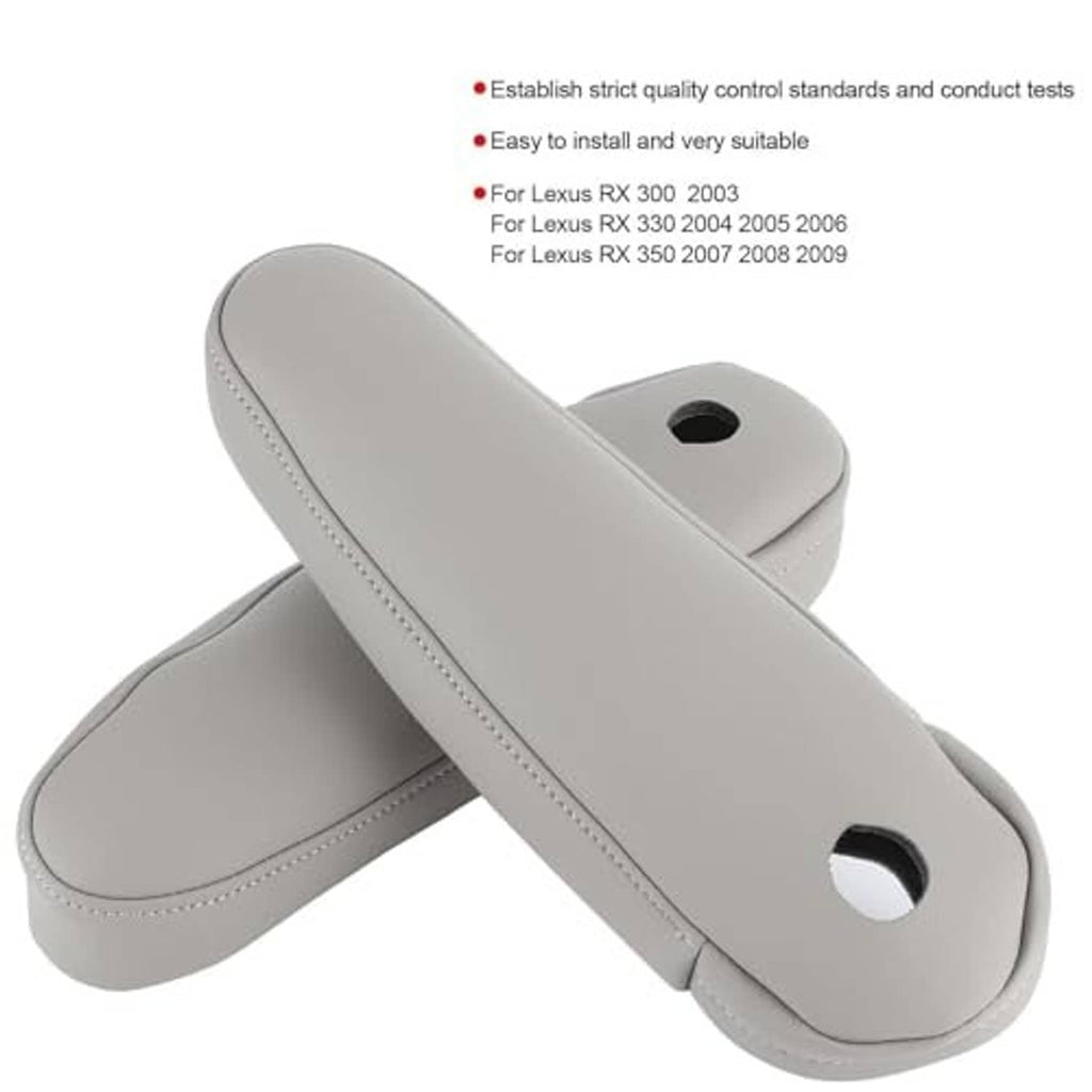 Gray microfiber armrest pad pair with round cutouts and stitched edges