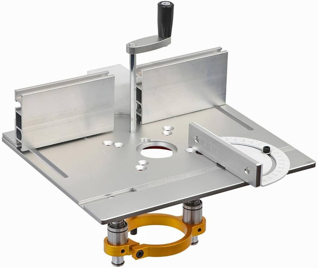 Aluminium router table insert plate with router lift, metal top plate and yellow mounting ring.
