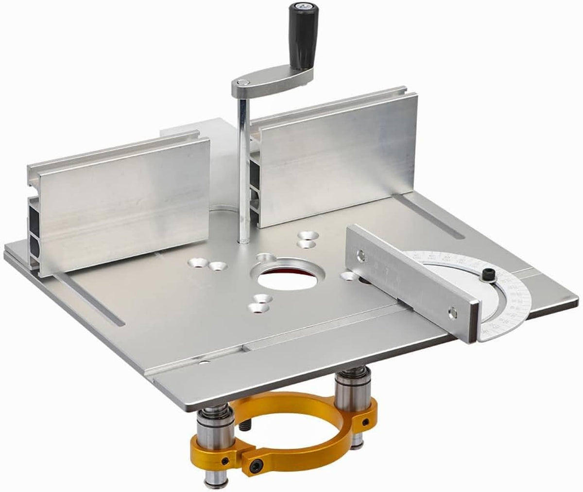 Aluminium router table insert plate with router lift, metal top plate and yellow mounting ring.